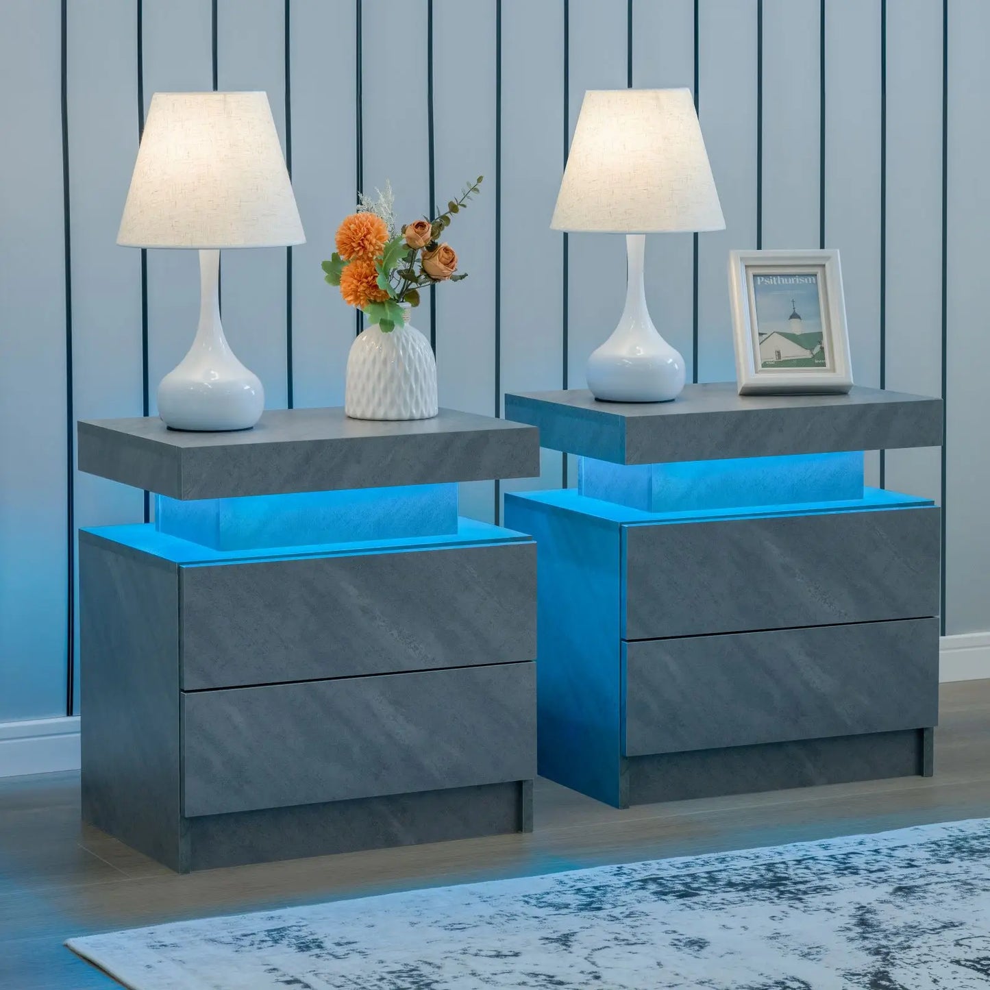 Cubehom Nightstand Set of 2 LED Nightstand with 2 Drawers,Night Stand with LED Light,Bedside Table with Drawers for Bedroom