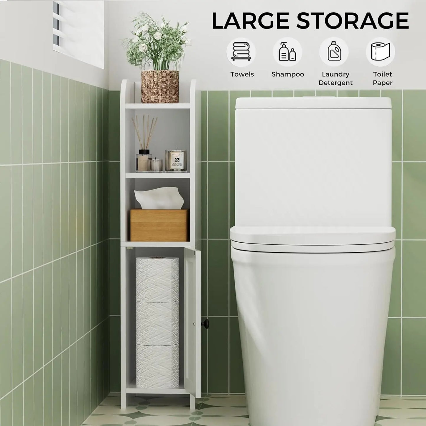 Small Bathroom Storage Corner Cabinet with Door and Shelves, Narrow Toilet Paper Stand, White, 7.9" D x 7.1" W x 31" H