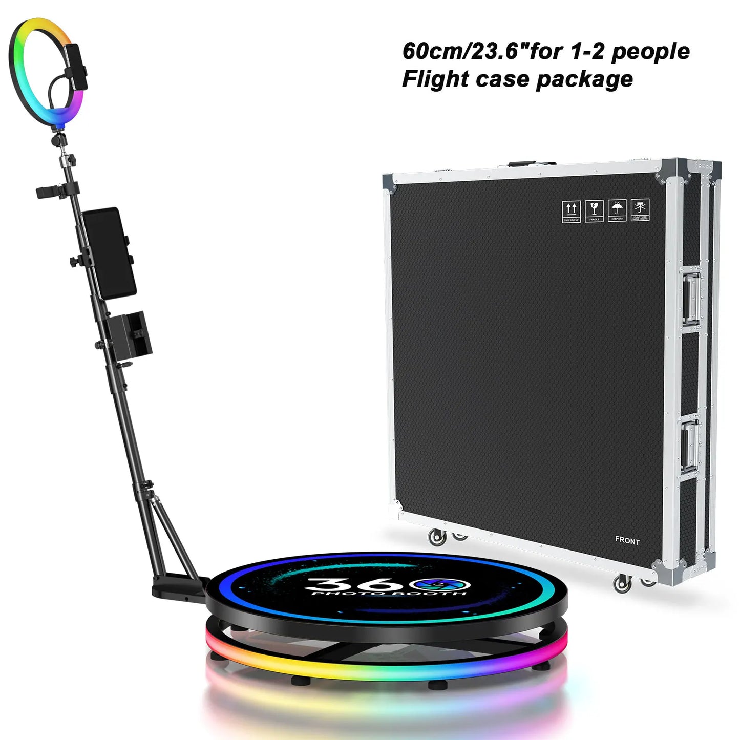 360 Photo Booth Automatic Rotating Photobooth Machine Ring Light for Party Wedding Rental RGB Ring Light US Shipping Flight Case