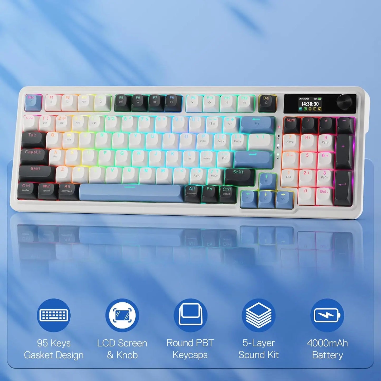 Redragon K719 Wireless Gasket Gaming Keyboard w/Hype Screen & Knob, 95 Keys Mechanical Keyboard, Easy-Control 1.14’’ TFT Info