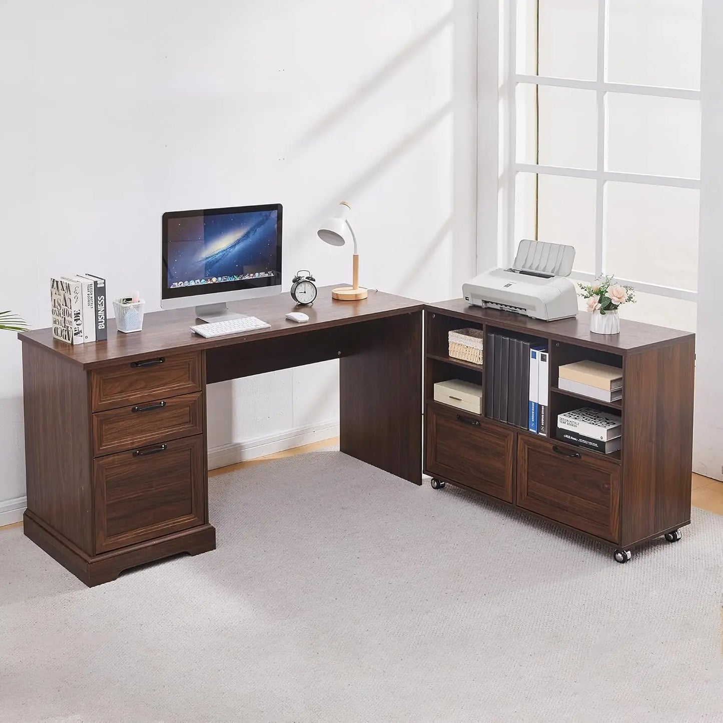 60"L-Shaped Executive Desk with 40"Adjustable File Cabinet,Farmhouse Home Office Desk with Charging Station,Office, Customized