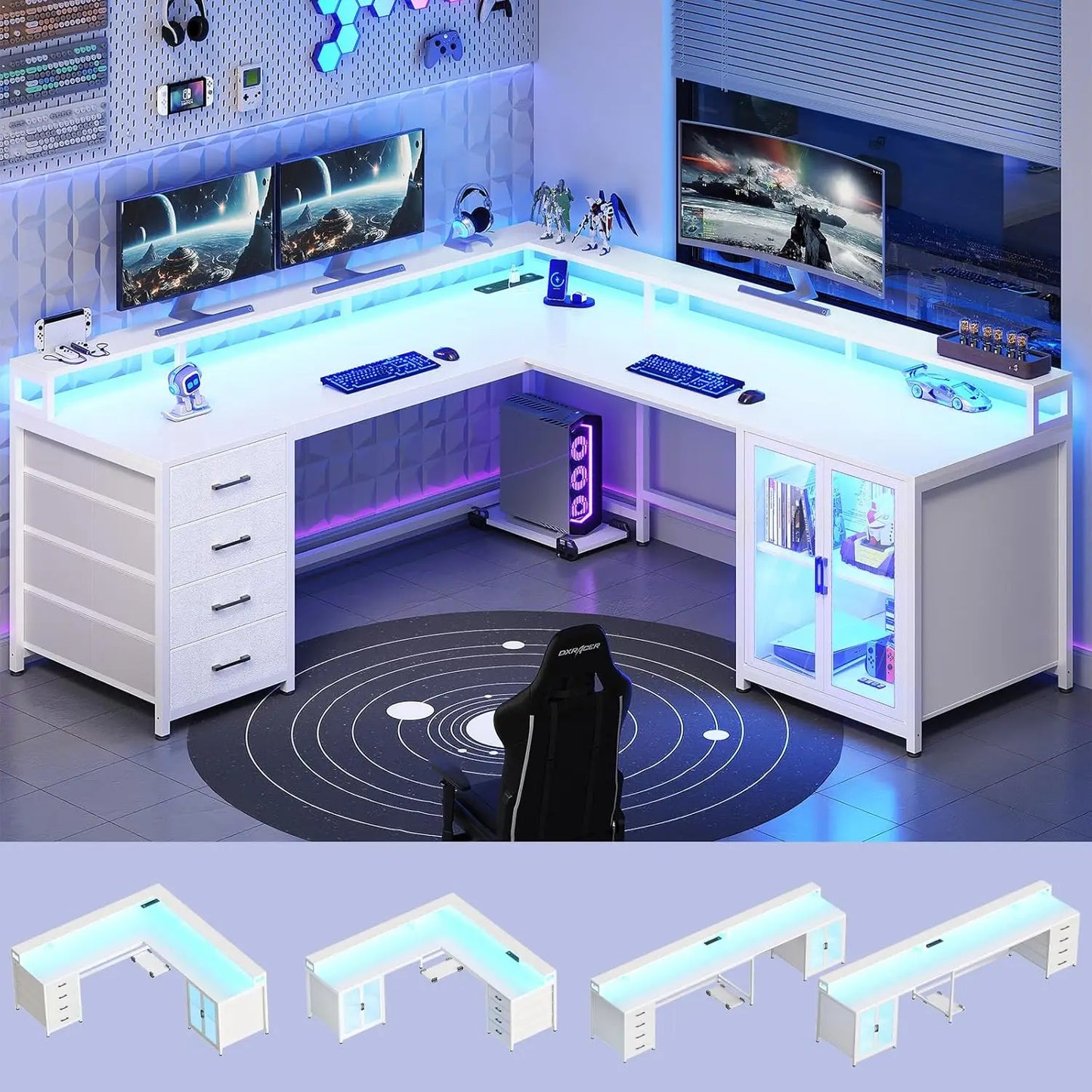 Shaped Gaming Desk with 4 Drawers, 109” Computer Desk with Display Cabinet, with 2 Monitor Stands, CPU Stand, Home Office Desks