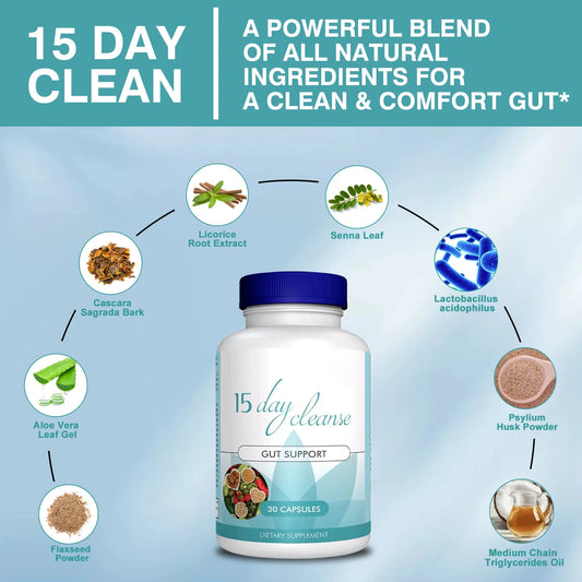15 Day Cleanse - Gut and Colon Support, Advanced Formula with Senna, Cascara Sagrada & Psyllium Husk - 30 Capsules