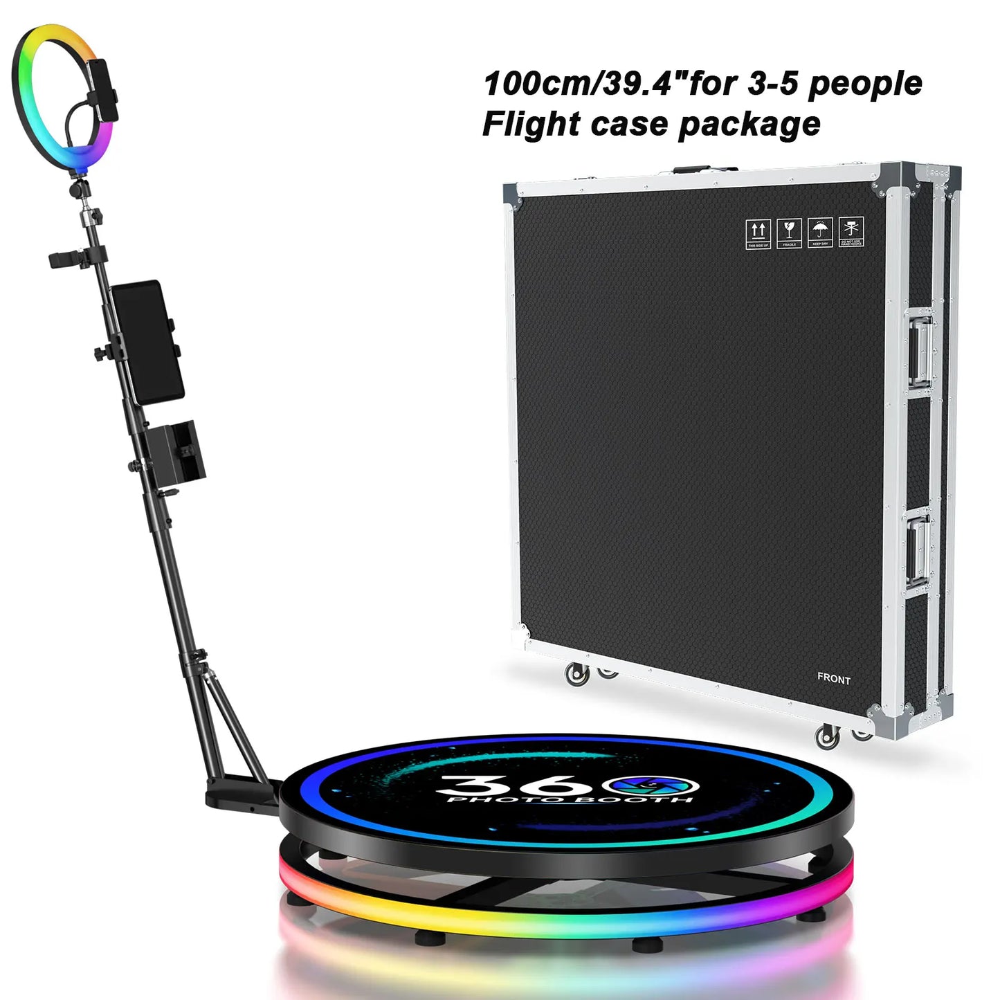 360 Photo Booth Automatic Rotating Photobooth Machine Ring Light for Party Wedding Rental RGB Ring Light US Shipping Flight Case