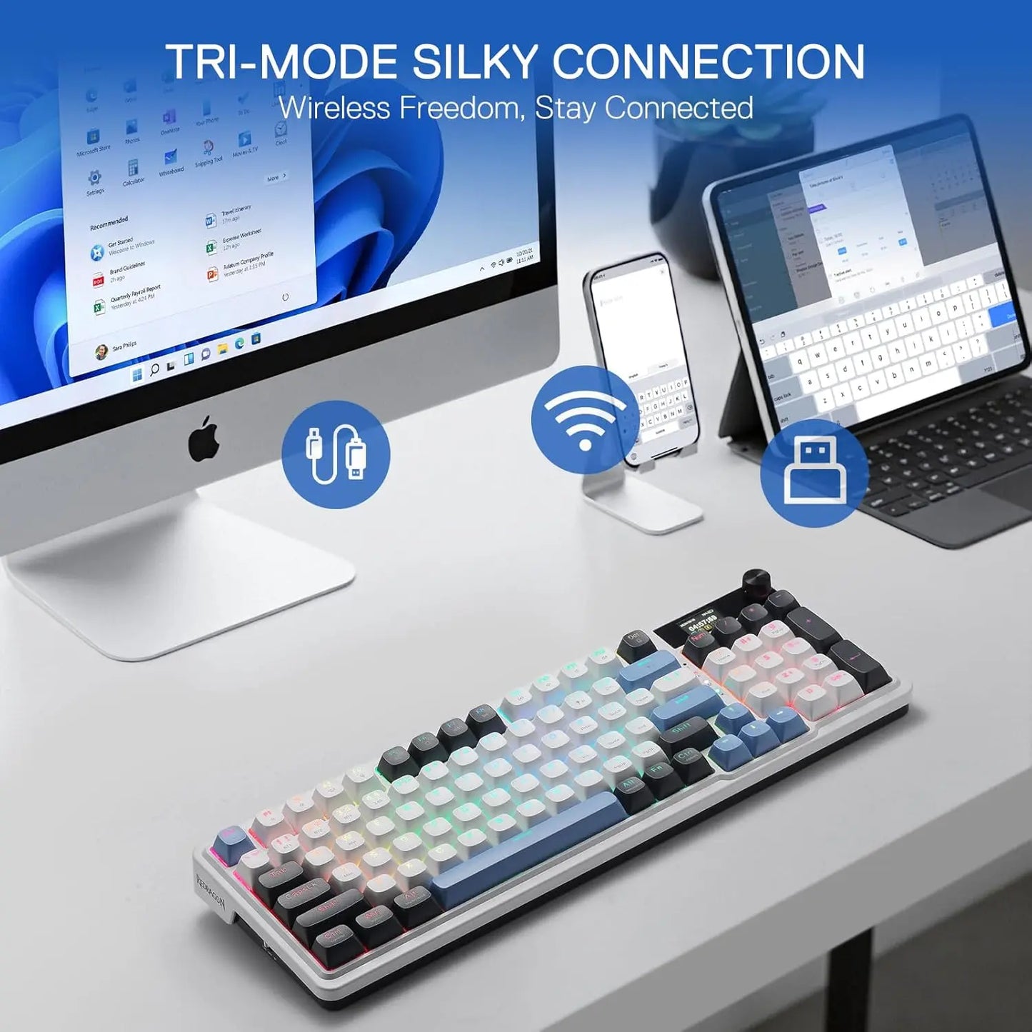 Redragon K719 Wireless Gasket Gaming Keyboard w/Hype Screen & Knob, 95 Keys Mechanical Keyboard, Easy-Control 1.14’’ TFT Info