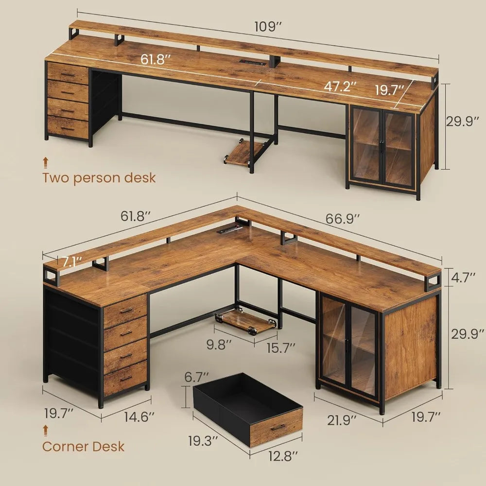 Shaped Gaming Desk with 4 Drawers, 109” Computer Desk with Display Cabinet, with 2 Monitor Stands, CPU Stand, Home Office Desks