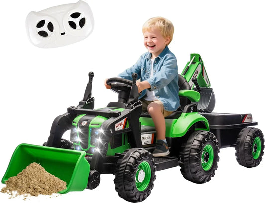 24V Ride On Tractor 4-in-1 Electric Car for Kids with Construction Attachments Remote Control, Music, LED Light