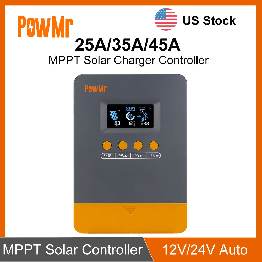 PowMr 45A 35A 25A MPPT Solar Charger Controller 12V 24V Auto Fit Lead-Acid Lithium Battery for Solar Camp RV Boat Home US Stock
