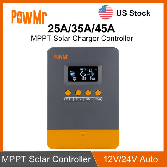PowMr 45A 35A 25A MPPT Solar Charger Controller 12V 24V Auto Fit Lead-Acid Lithium Battery for Solar Camp RV Boat Home US Stock