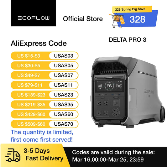 ECOFLOW DELTA Pro 3 Portable Power Station, 4000Wh LFP Battery, Expandable to 48kWh, 120/240V 4000W AC Output, Solar Generator