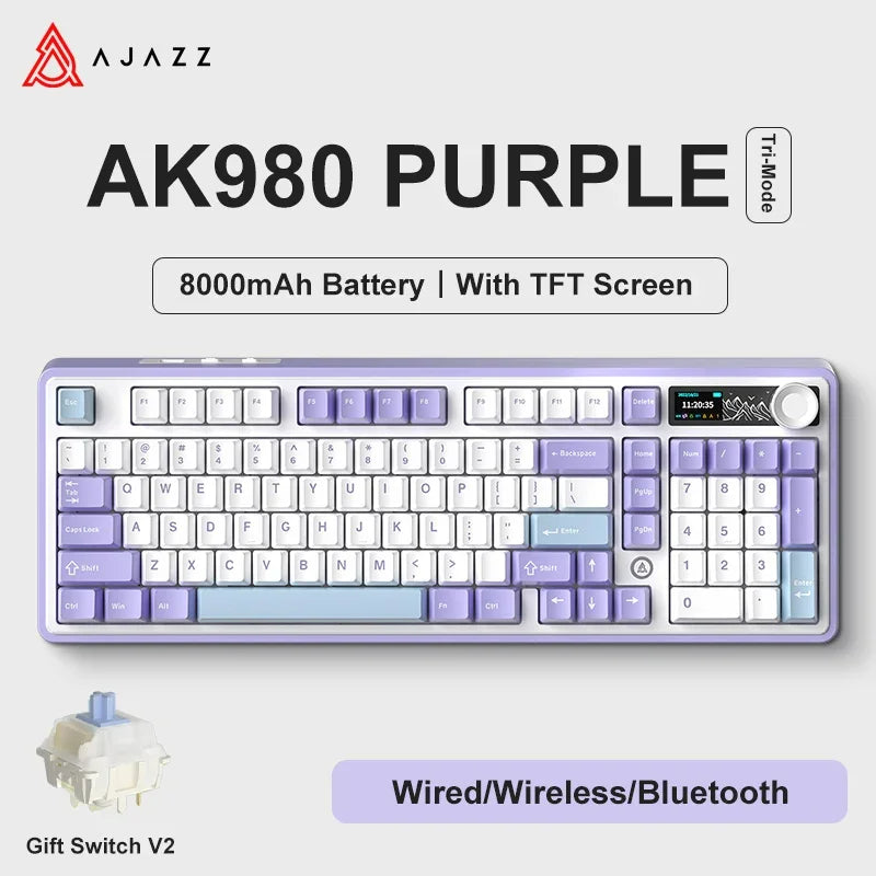 Ajazz AK980 Gaming Mechanical Keyboard with Color Screen 98 Keys RGB Bluetooth Wireless Keyboard Gamer 8000mAh For PC Laptop