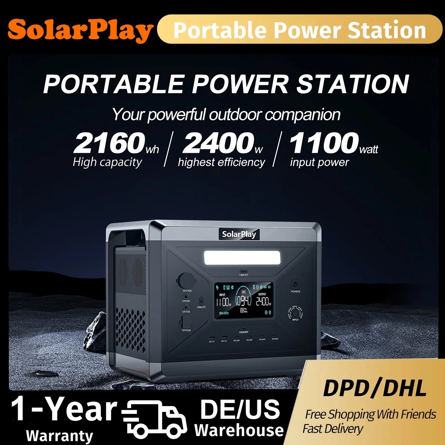 SOLARPLAY Portable Power Station Q2501 For Outdoor Camping And Home,2160WH LiFePO4 Battery With 12 output ports Solar Generator