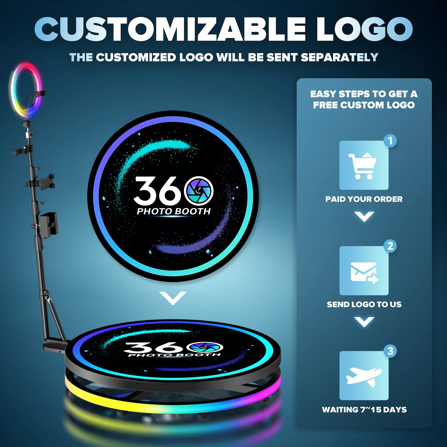 360 Photo Booth Automatic Rotating Photobooth Machine Ring Light for Party Wedding Rental RGB Ring Light US Shipping Flight Case