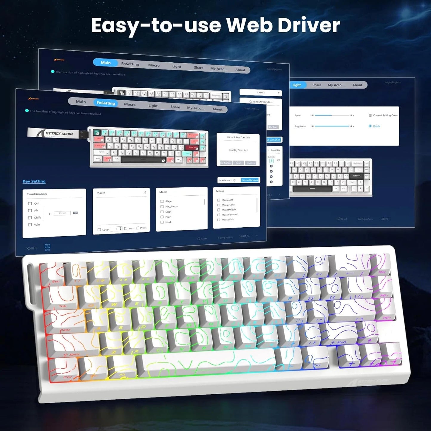 ATTACK SHARK X68 HE Rapid Trigger Keyboard Magnetic Switch 60% Wired 8KHz Hot Swappable Keyboard With RGB Lighting PBT Double-sh