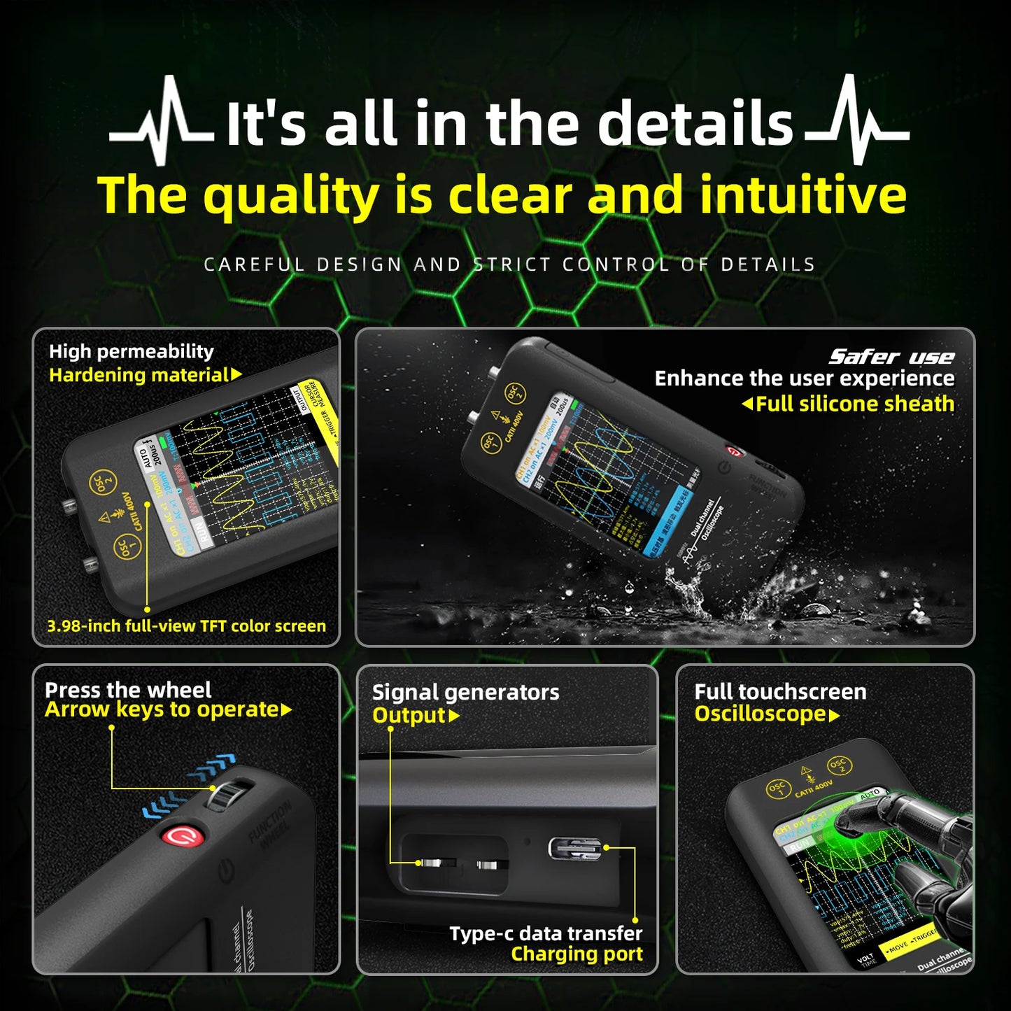 BSIDE New Touchscreen Digital Oscilloscope Signal Generator Dual Channel 50MHz Waveform Storage Graphic Tester Repair Tool