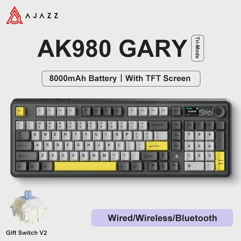 Ajazz AK980 Gaming Mechanical Keyboard with Color Screen 98 Keys RGB Bluetooth Wireless Keyboard Gamer 8000mAh For PC Laptop