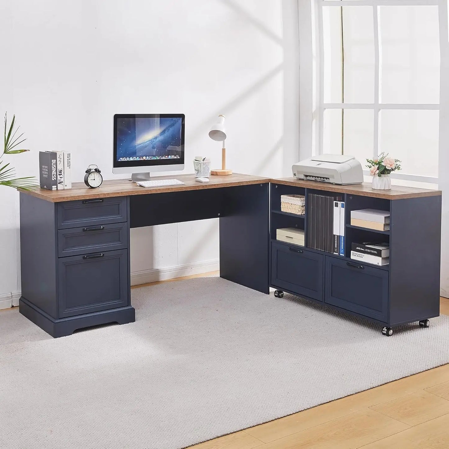 60"L-Shaped Executive Desk with 40"Adjustable File Cabinet,Farmhouse Home Office Desk with Charging Station,Office, Customized