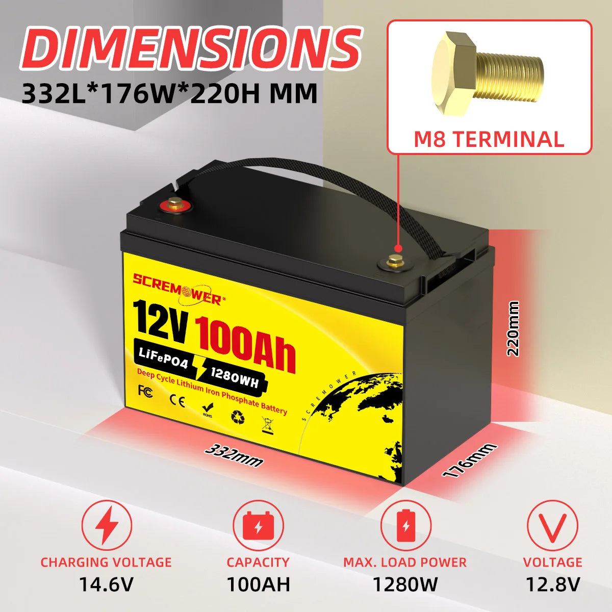 MOSEWORTH LiFePO4 12V 100Ah Battery Pack 12.8V Lithium Battery 8000+ Cycles With Bluetooth BMS Grade A For Boat RV Campers