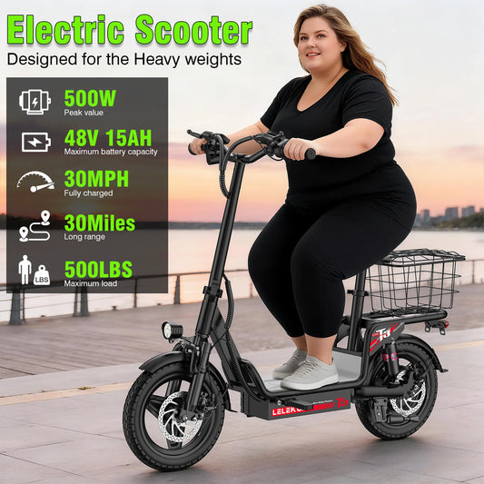 Adult Electric Bike, 500W48V15AH, 30MPH 14 inch Electric Bike, 500lbs Load-bearing with Multiple Shock Absorbers, with Basket