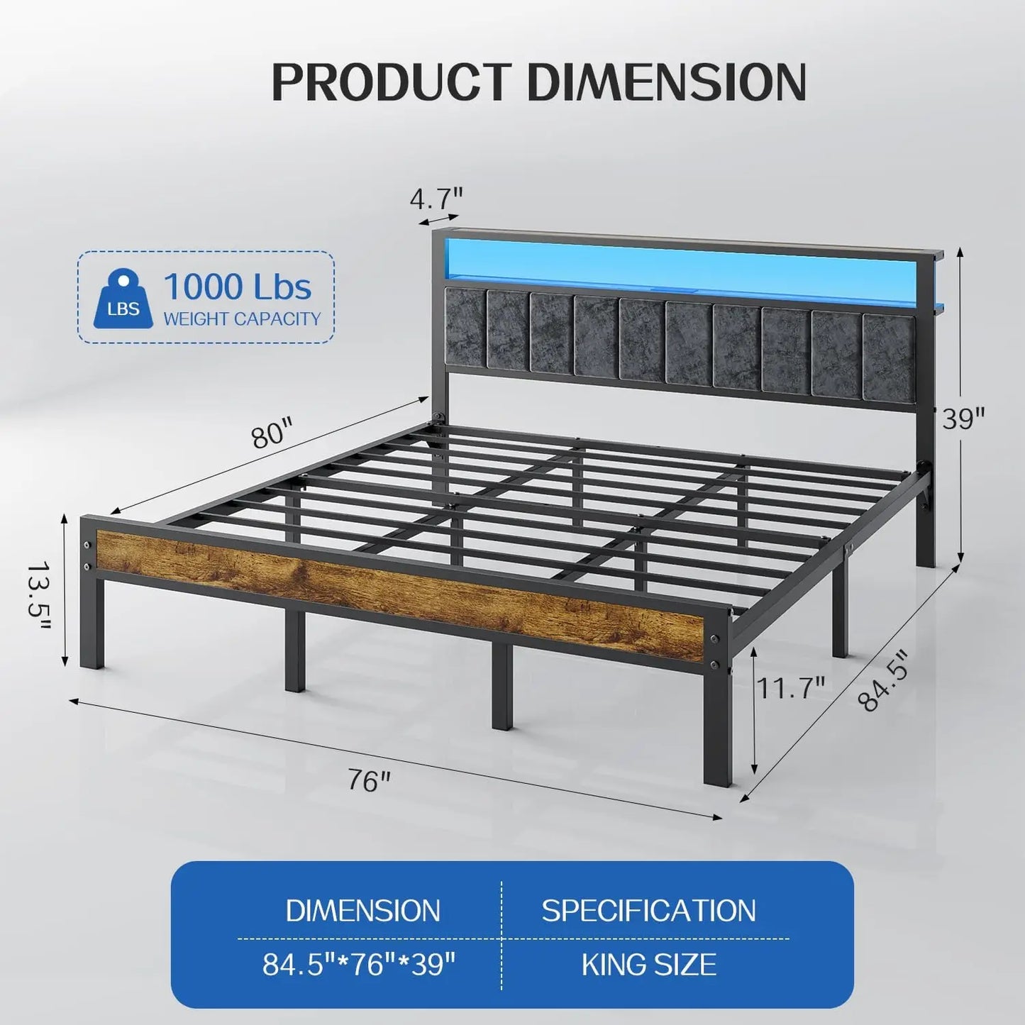 King Size Platform Bed Frame with LED Lights & Upholstered Headboard, 2-Tier Storage Shelves, Charging Station, Noise Free