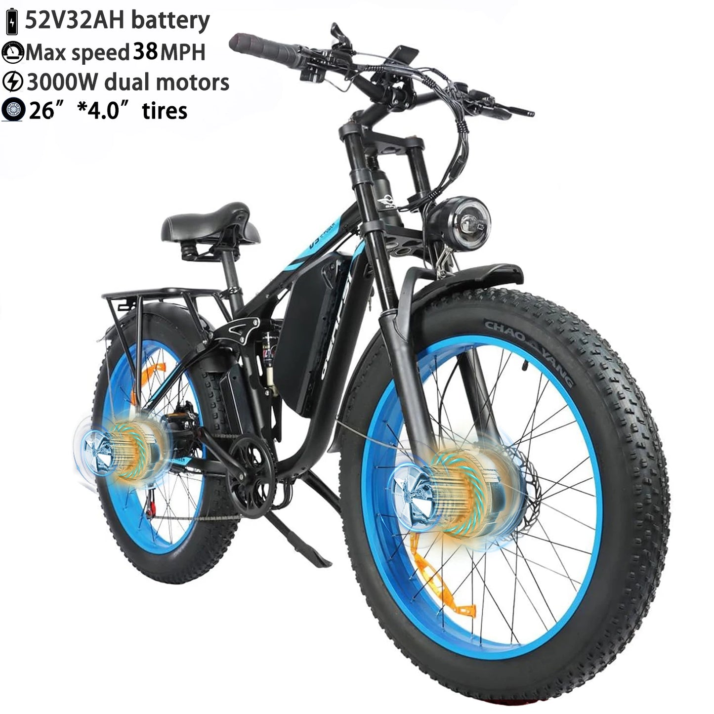 BAOLUJIE Moto Electric Bicycle Peak 1500/3000/5000W  48V/52V/60V Battery 35-45MPH Electric Bike E-Bike Adult Electric Motorcycle