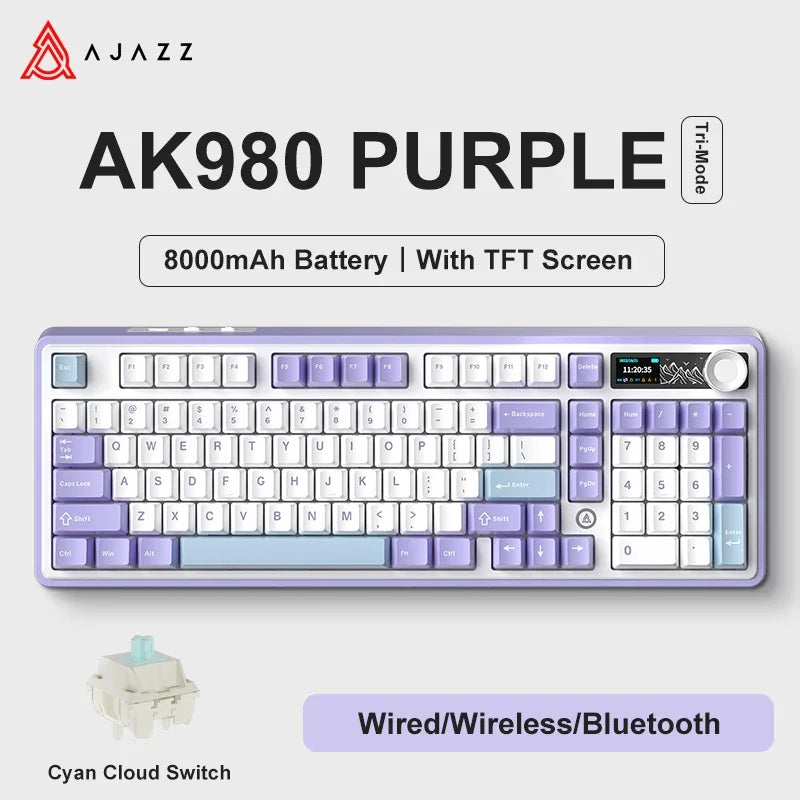 Ajazz AK980 Gaming Mechanical Keyboard with Color Screen 98 Keys RGB Bluetooth Wireless Keyboard Gamer 8000mAh For PC Laptop