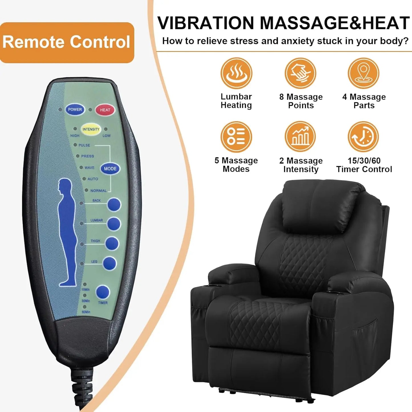 Power Recliner Chair with Vibration Massage & Heat for Adults, Faux Leather Home Theater Seating with Cup, Customized