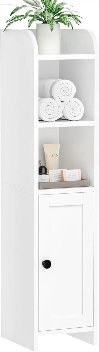 Small Bathroom Storage Corner Cabinet with Door and Shelves, Narrow Toilet Paper Stand, White, 7.9" D x 7.1" W x 31" H
