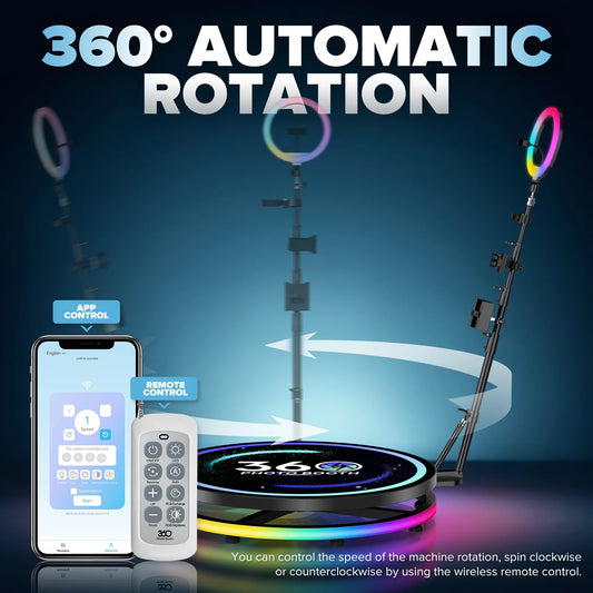360 Photo Booth Automatic Rotating Photobooth Machine Ring Light for Party Wedding Rental RGB Ring Light US Shipping Flight Case