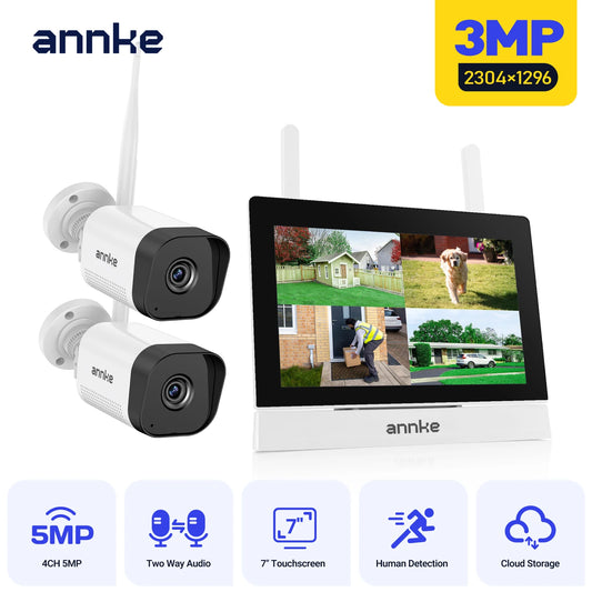 ANNKE-Wireless NVR Camera, CCTV System, Motion Detection, Two-Way Audio, IR Night Vision, 3MP  2Pcs Cam, 4CH, 7 "Monitor, WTL300
