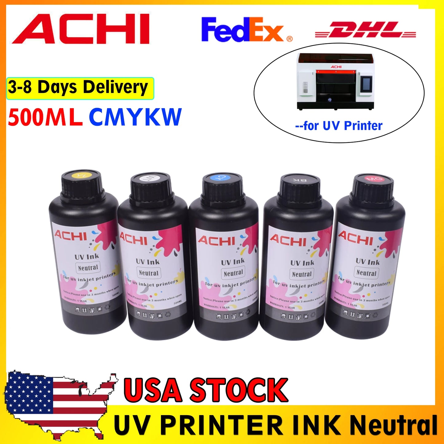 US STOCK LED UV Ink for UV Printer 1390 L1800 L800 XP600 TX800 L805 UV Flatbed Printer 250ML/500ML CMYKW UV Neutral Ink