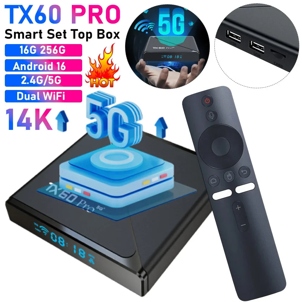 Smart TV Box TX60 PRO Android 16 TV Box 14K 2.4G 5G Dual WiFi Set-top Box Video Media Player Voice Remote 16G 256G Set Top Box