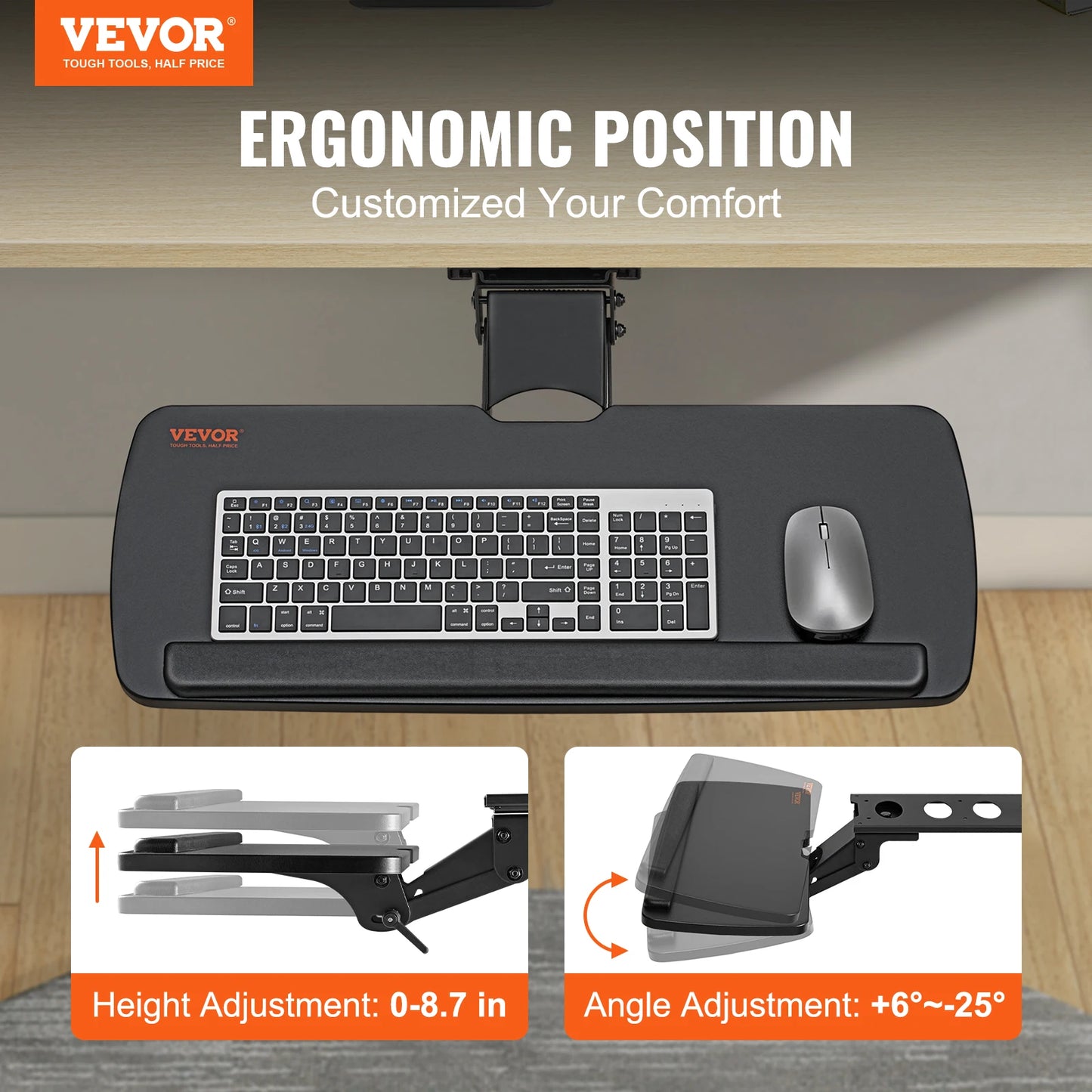 SucceBuy Keyboard Tray under Desk Adjustable Height & Angle Keyboard Tray Slide out & Holder for Typing in Home and Office Work