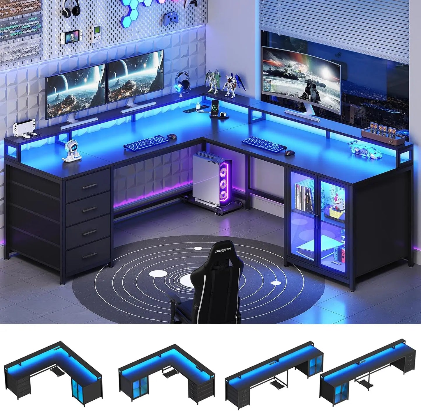 Shaped Gaming Desk with 4 Drawers, 109” Computer Desk with Display Cabinet, with 2 Monitor Stands, CPU Stand, Home Office Desks