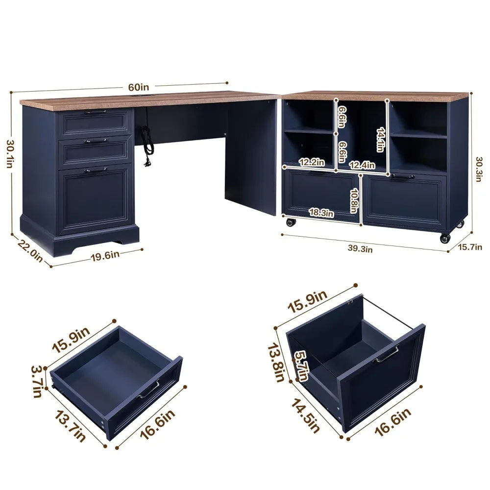 60"L-Shaped Executive Desk with 40"Adjustable File Cabinet,Farmhouse Home Office Desk with Charging Station,Office, Customized