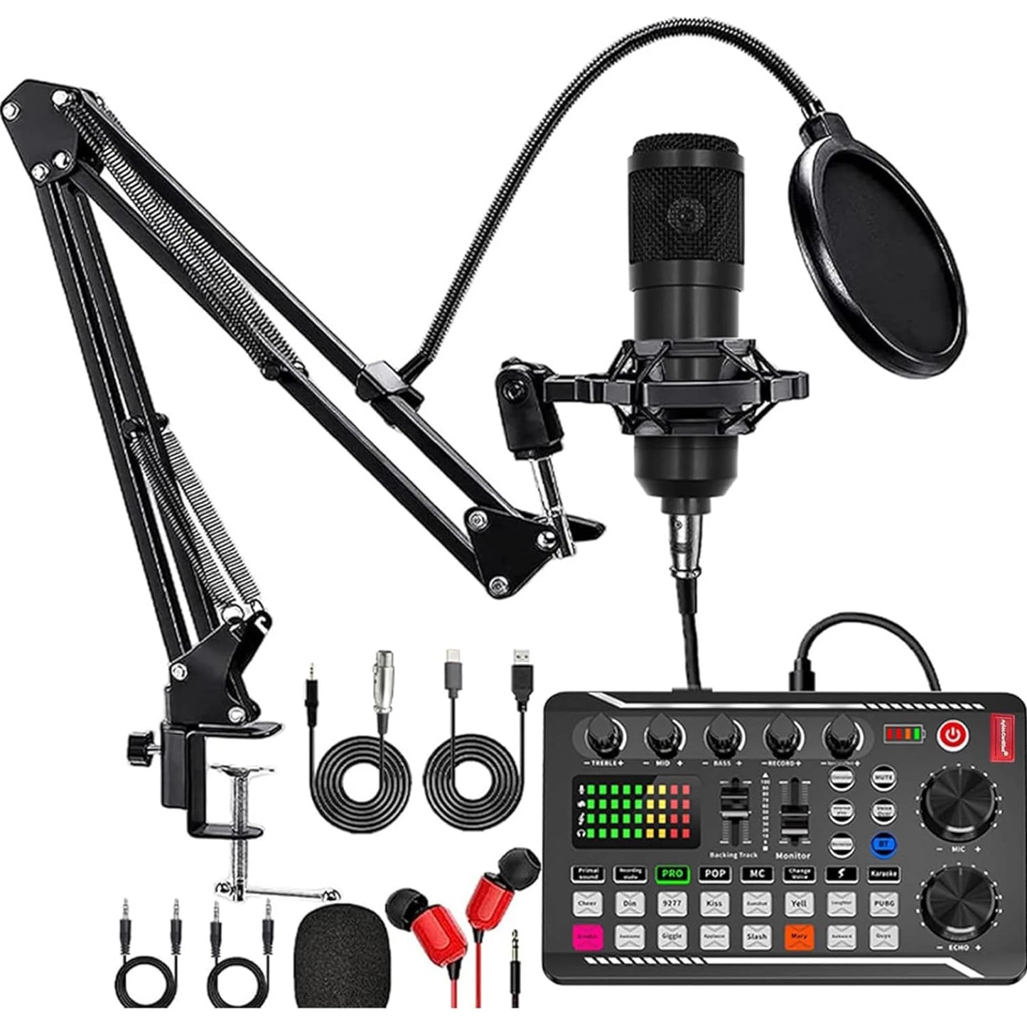 Podcast Microphone Suit with Sound Card Audio Mixer Studio Condenser Microphones Live Streaming Microphone Set for PC Smartphone