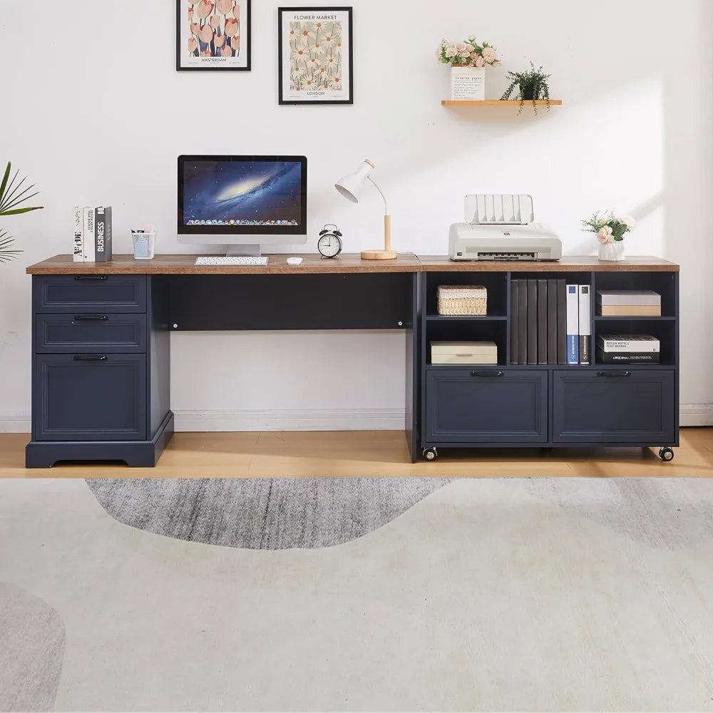 60"L-Shaped Executive Desk with 40"Adjustable File Cabinet,Farmhouse Home Office Desk with Charging Station,Office, Customized