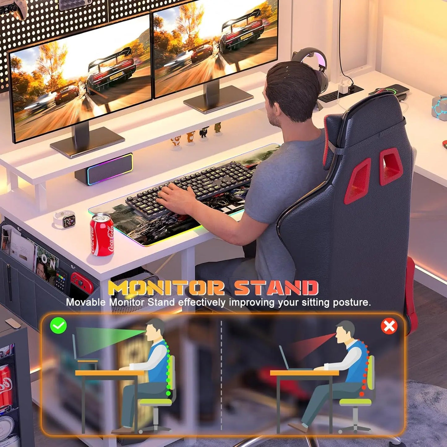 L-Shaped Gaming Desk with Charging Port, LED Strip, Monitor Stand & Storage Shelf, White