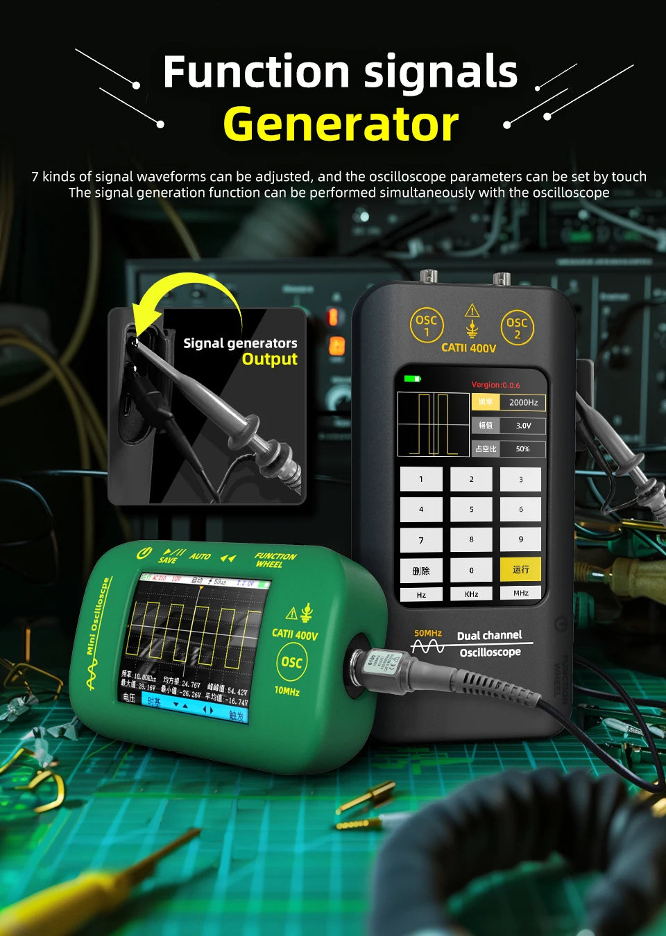 BSIDE New Touchscreen Digital Oscilloscope Signal Generator Dual Channel 50MHz Waveform Storage Graphic Tester Repair Tool