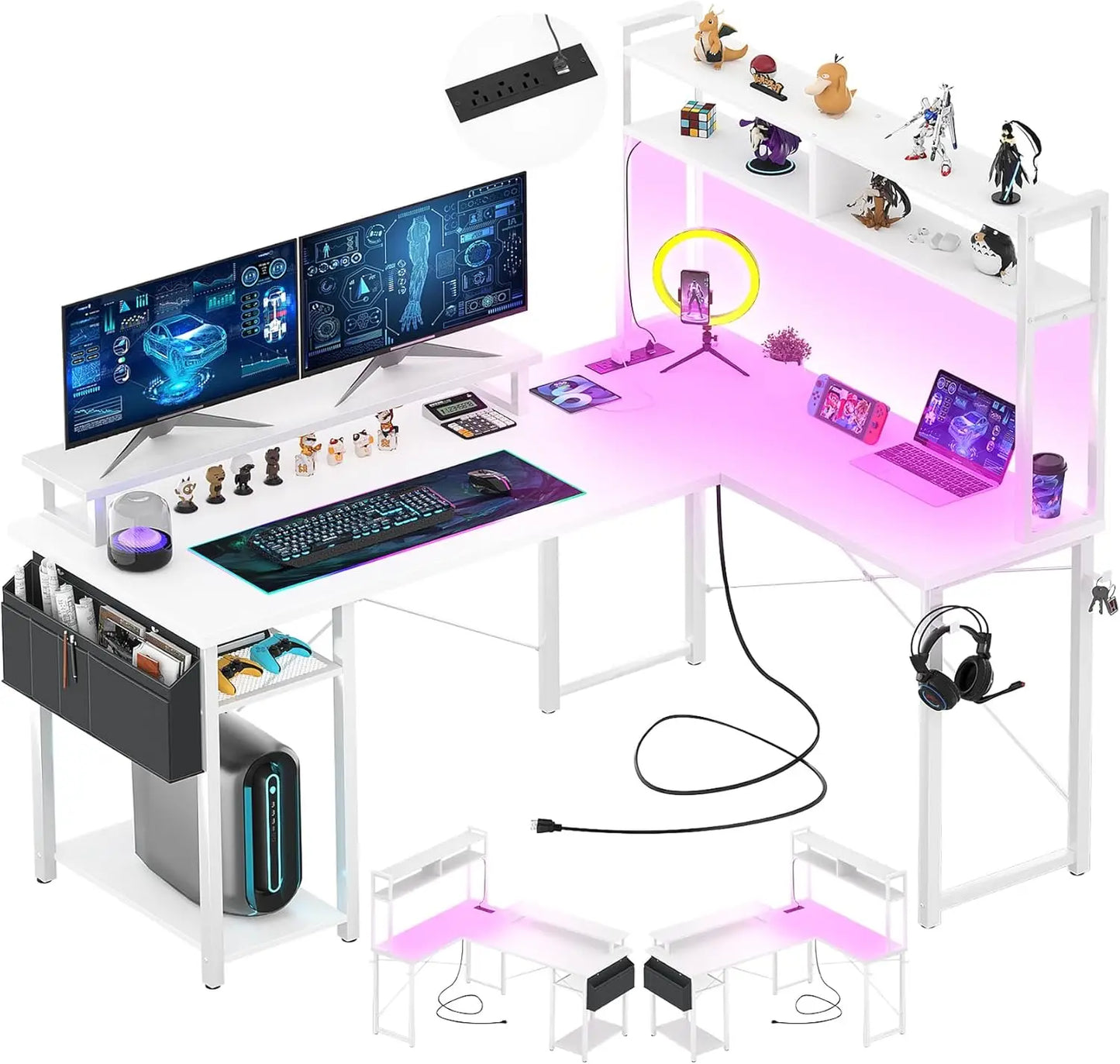 L-Shaped Gaming Desk with Charging Port, LED Strip, Monitor Stand & Storage Shelf, White
