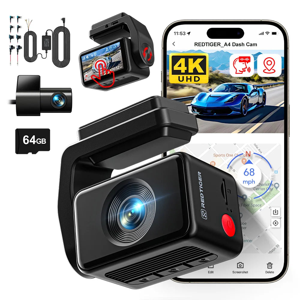 REDTIGER A4 Dash Camera Front and Rear 4k Dash Cam  Drive Recorder for WiFi GPS Car Dvr for 24H Parking Mode Black Box for Car
