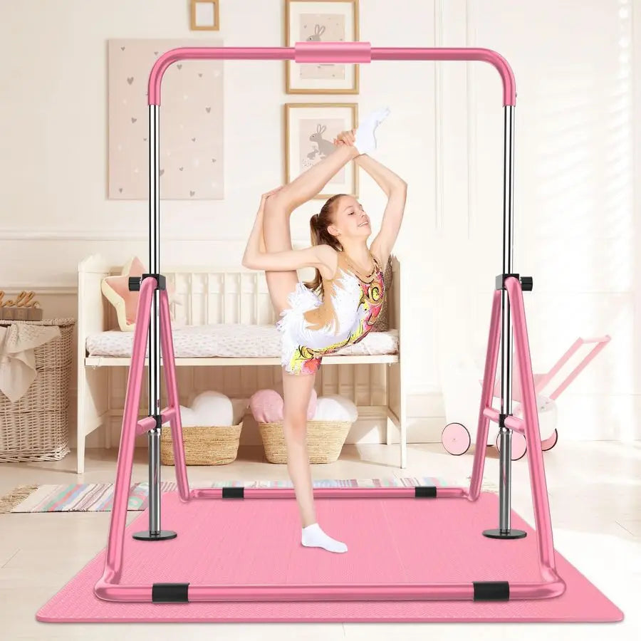Gymnastics Bar with Mat, Foldable Gymnastics Horizontal Bar Height Adjustable, Gymnastics Equipment for Kids 312 Ages, Childrens
