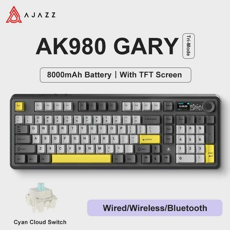 Ajazz AK980 Gaming Mechanical Keyboard with Color Screen 98 Keys RGB Bluetooth Wireless Keyboard Gamer 8000mAh For PC Laptop