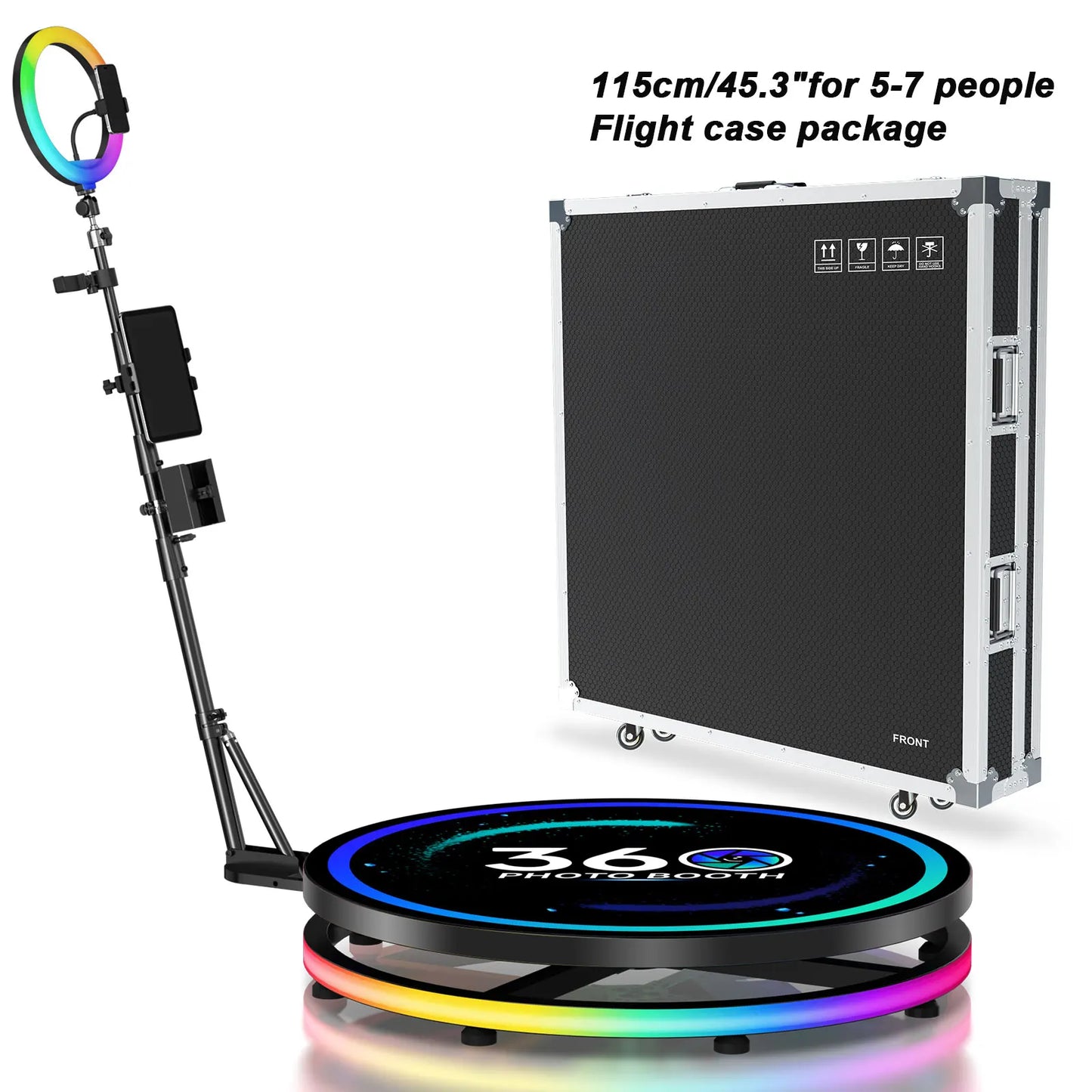 360 Photo Booth Automatic Rotating Photobooth Machine Ring Light for Party Wedding Rental RGB Ring Light US Shipping Flight Case