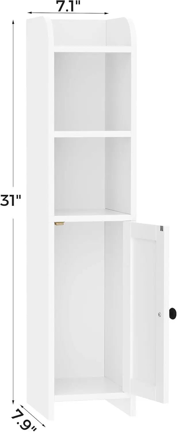 Small Bathroom Storage Corner Cabinet with Door and Shelves, Narrow Toilet Paper Stand, White, 7.9" D x 7.1" W x 31" H