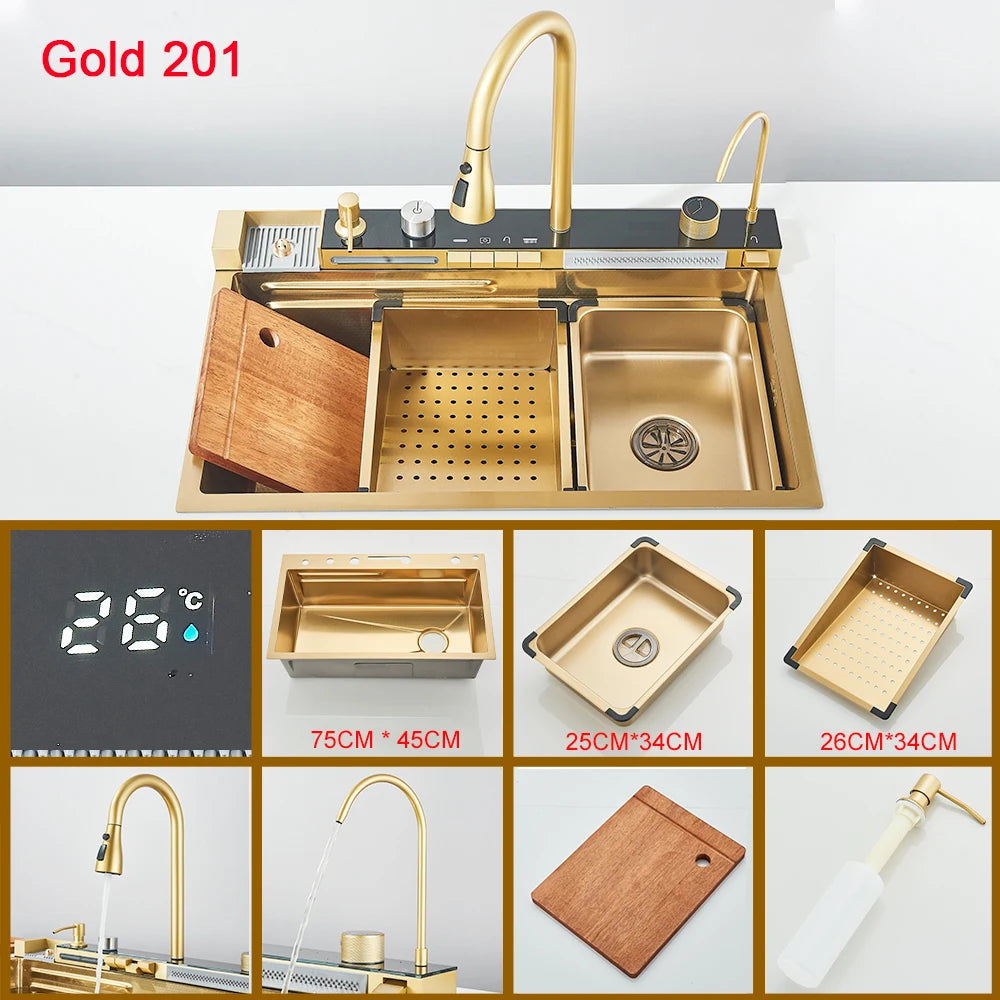 Multifunctional Kitchen Waterfall Sink Digital Display Large Single Gray Sink Dish Basin Sink 304 Stainless Steel