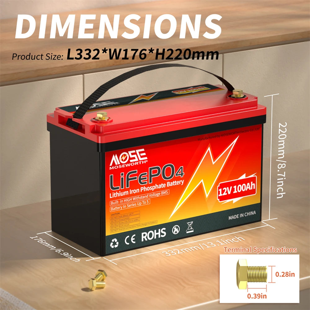 MOSEWORTH LiFePO4 12V 100Ah Battery Pack 12.8V Lithium Battery 8000+ Cycles With Bluetooth BMS Grade A For Boat RV Campers