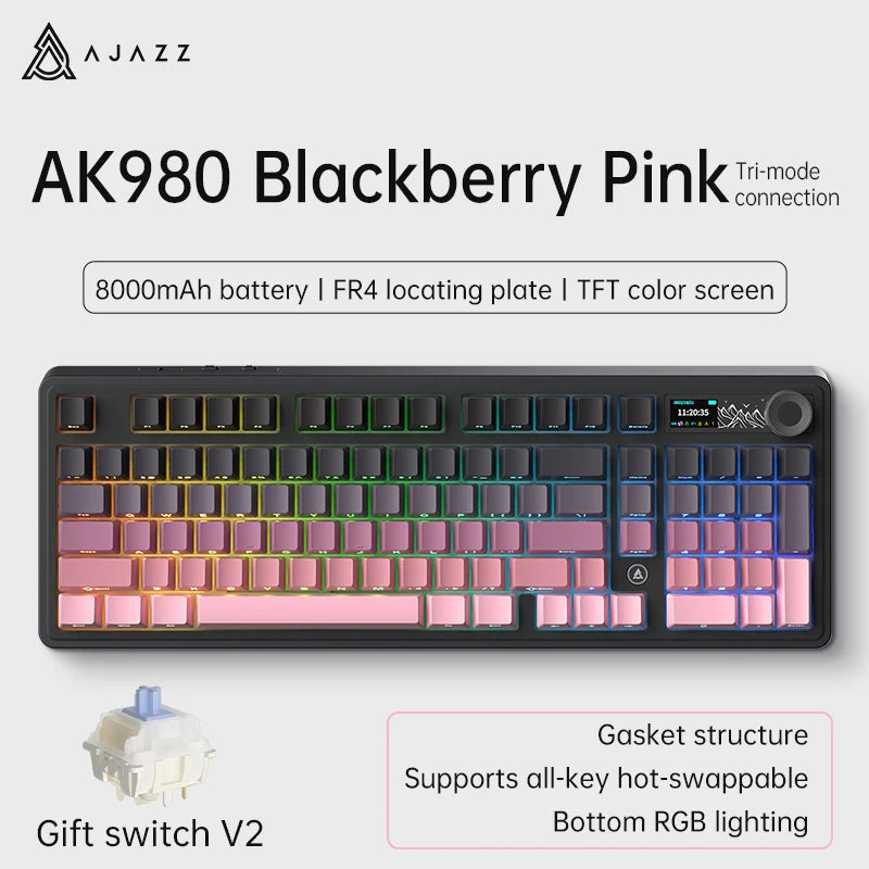Ajazz AK980 Gaming Mechanical Keyboard with Color Screen 98 Keys RGB Bluetooth Wireless Keyboard Gamer 8000mAh For PC Laptop