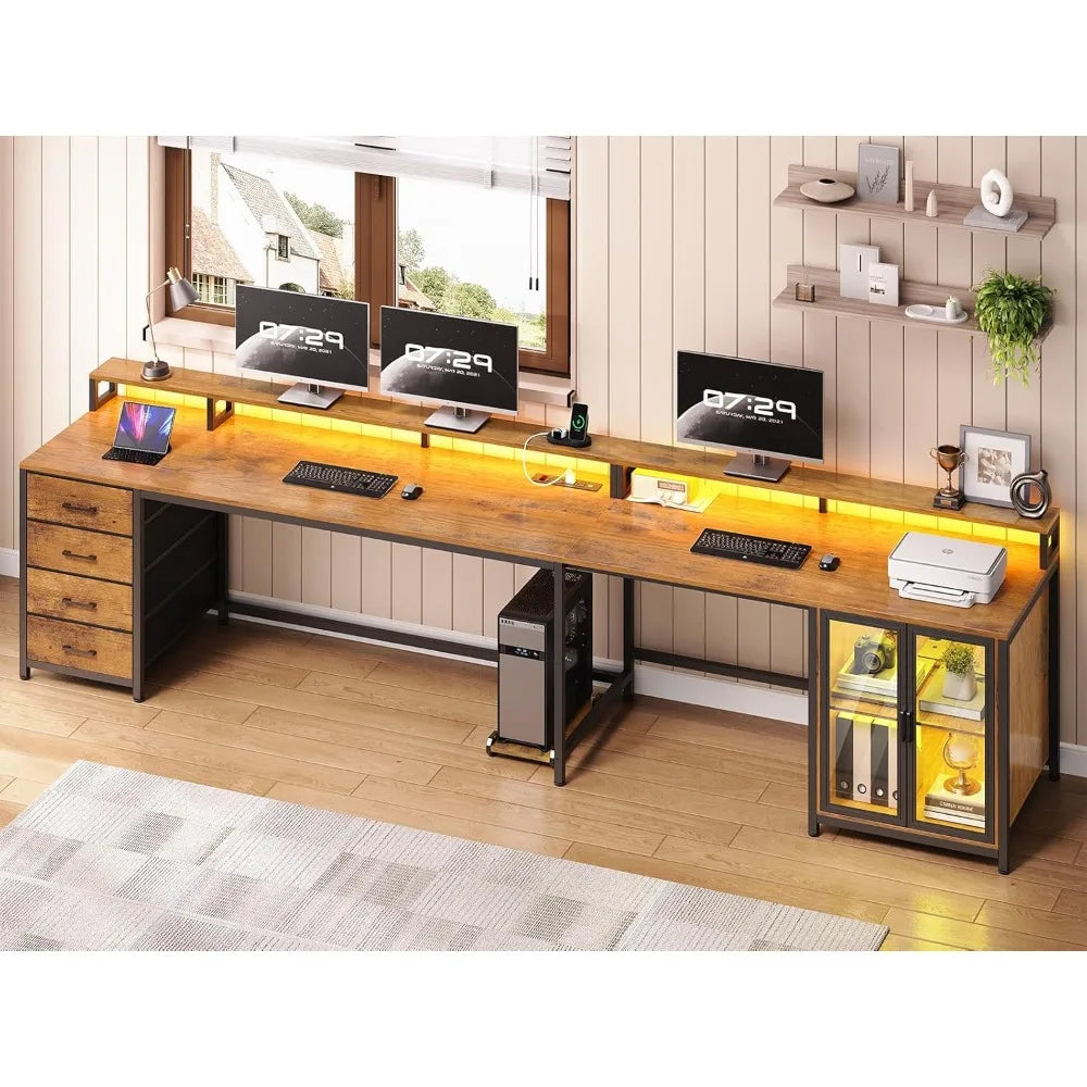 Shaped Gaming Desk with 4 Drawers, 109” Computer Desk with Display Cabinet, with 2 Monitor Stands, CPU Stand, Home Office Desks