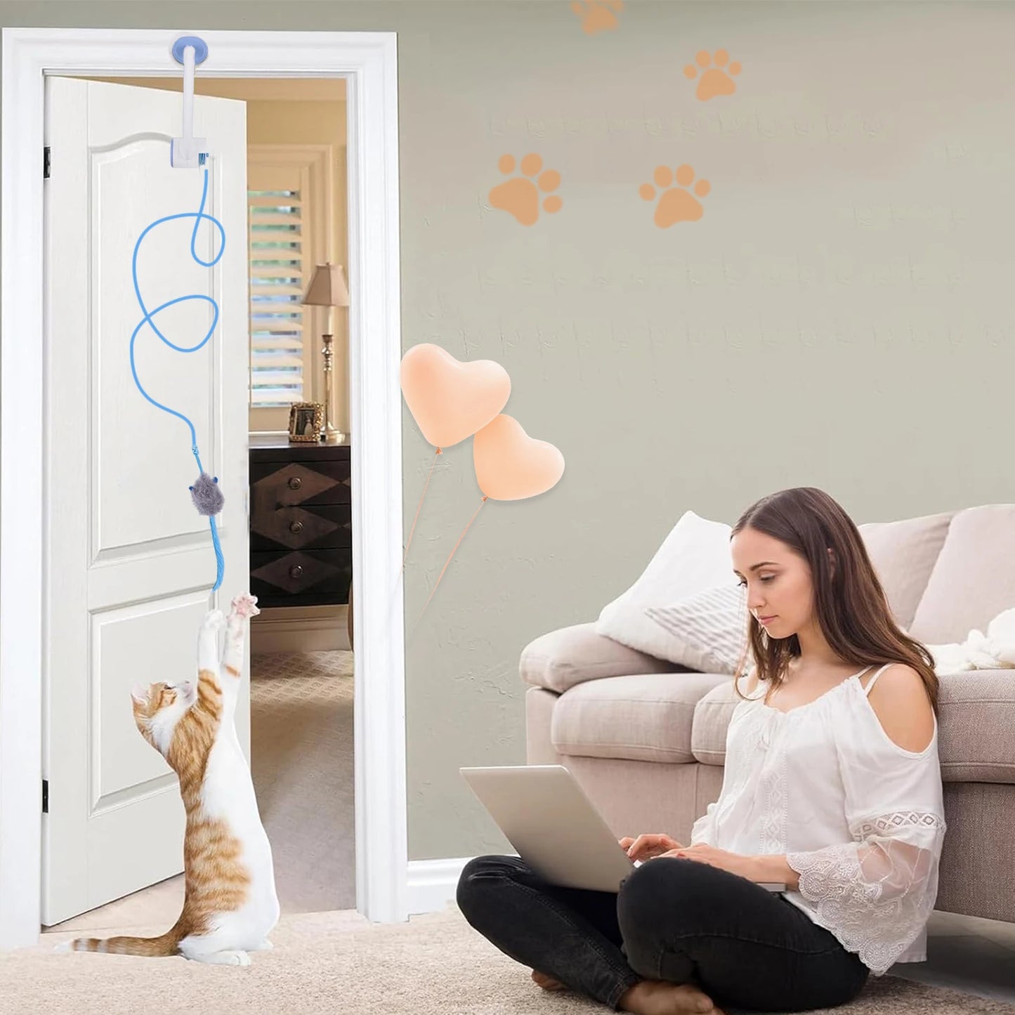 Automatic Retractable Cat Toys Door Hanging with 3 Catnip Mice Teaser Electronic Self Play Feather Cat Interactive Toy Cat Tease